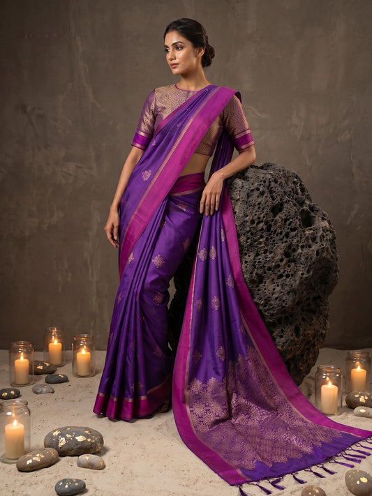 Sutriti Violet Soft Silk Saree for Women with Blue Blouse Wedding Party Wear