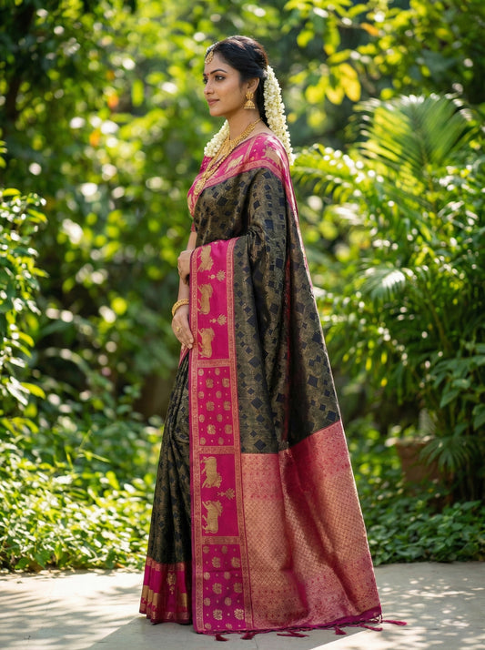 Sutriti Women Black Soft Silk Saree with Pink Nandi Zari Temple Border