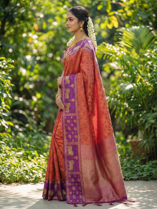 Sutriti Women Rust Orange Soft Silk Saree with Purple Nandi Zari Border