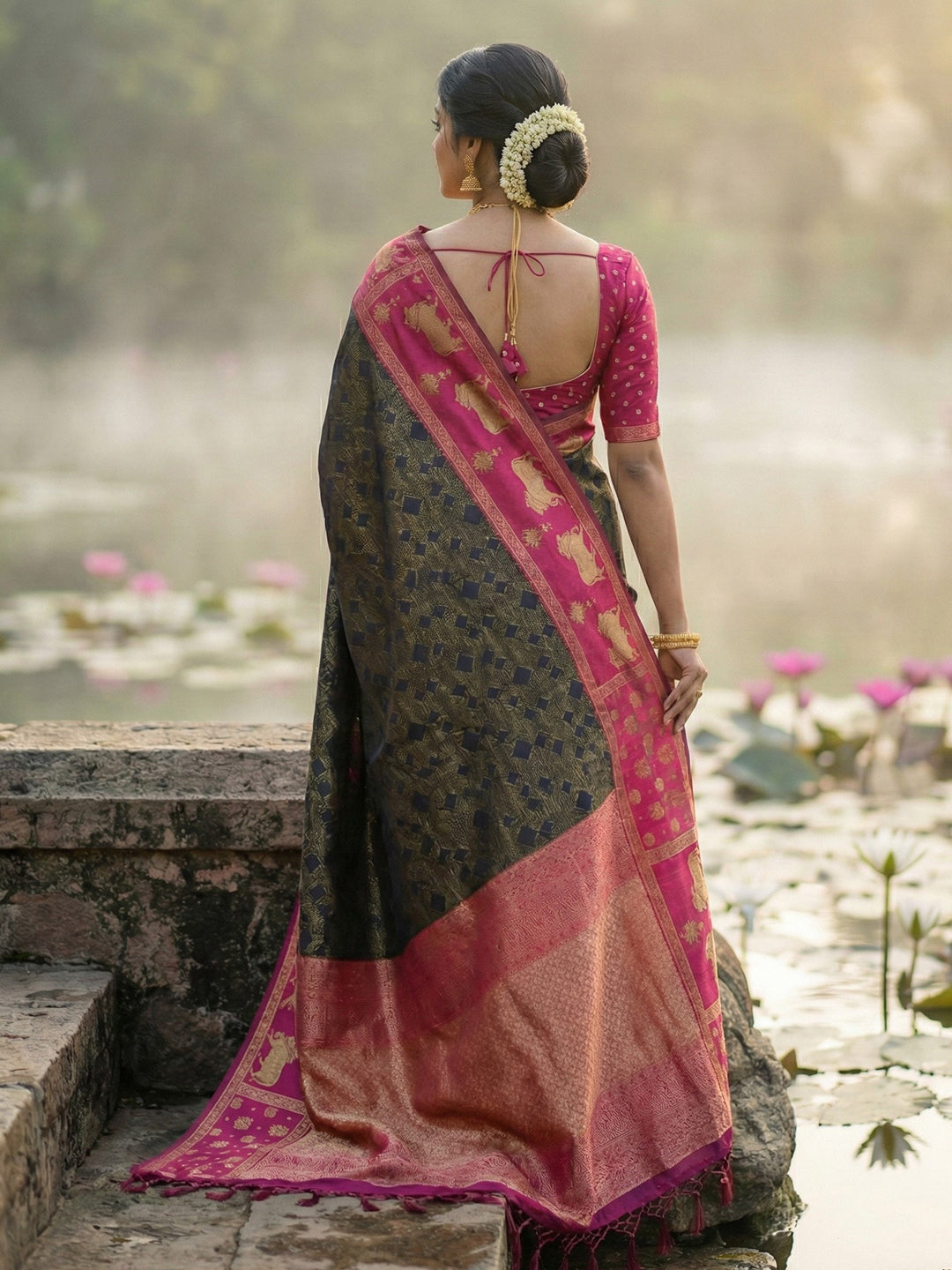 Sutriti Women Black Soft Silk Saree with Pink Nandi Zari Temple Border