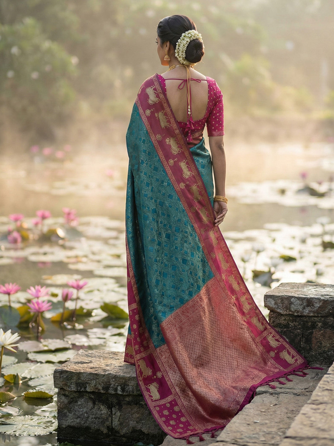 Sutriti Women Teal Blue Soft Silk Saree with Pink Nandi Zari Border