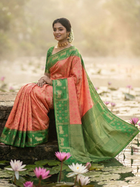 Sutriti Women Peach Soft Silk Saree with Green Nandi Zari Border