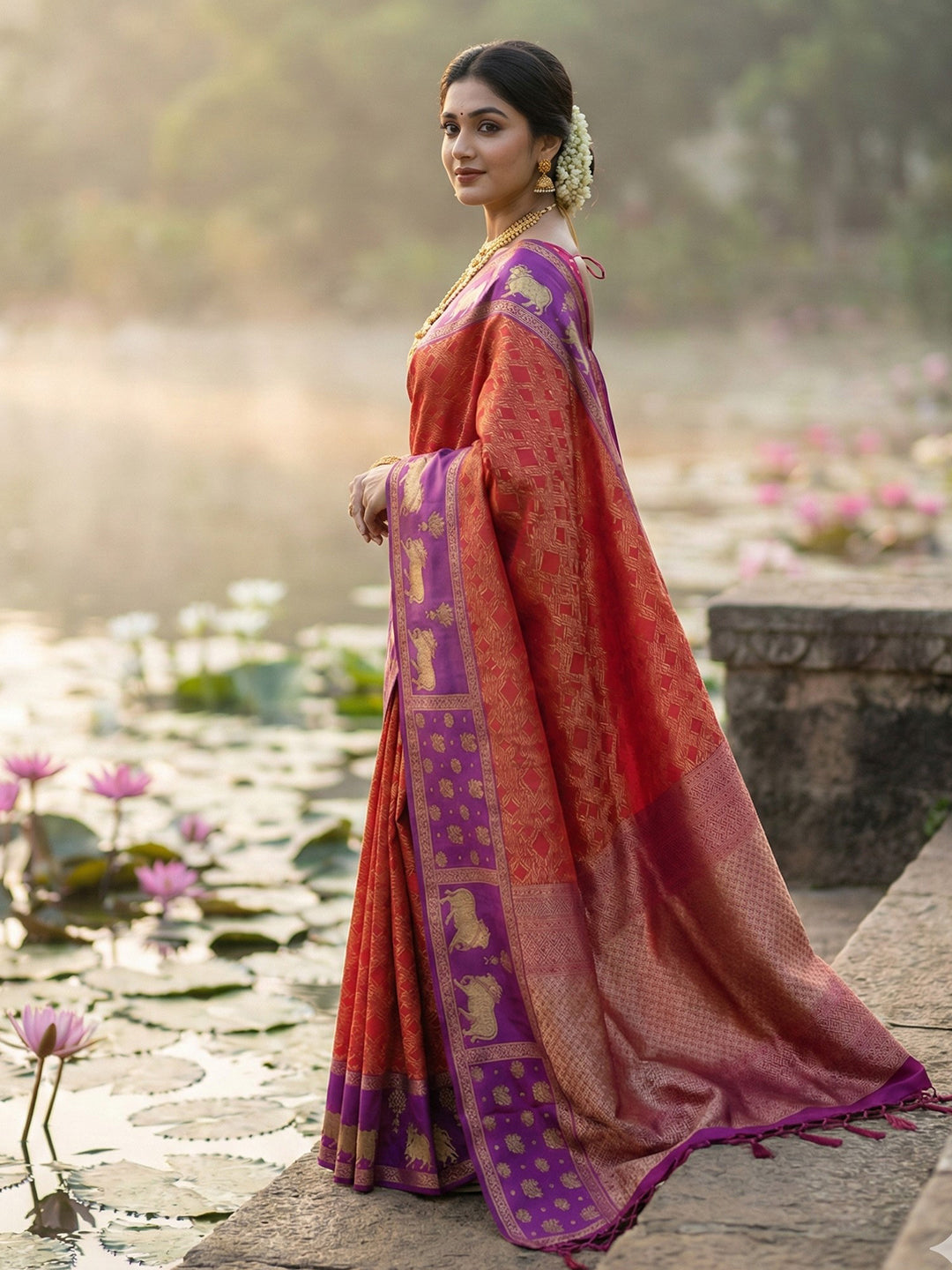 Sutriti Women Rust Orange Soft Silk Saree with Purple Nandi Zari Border