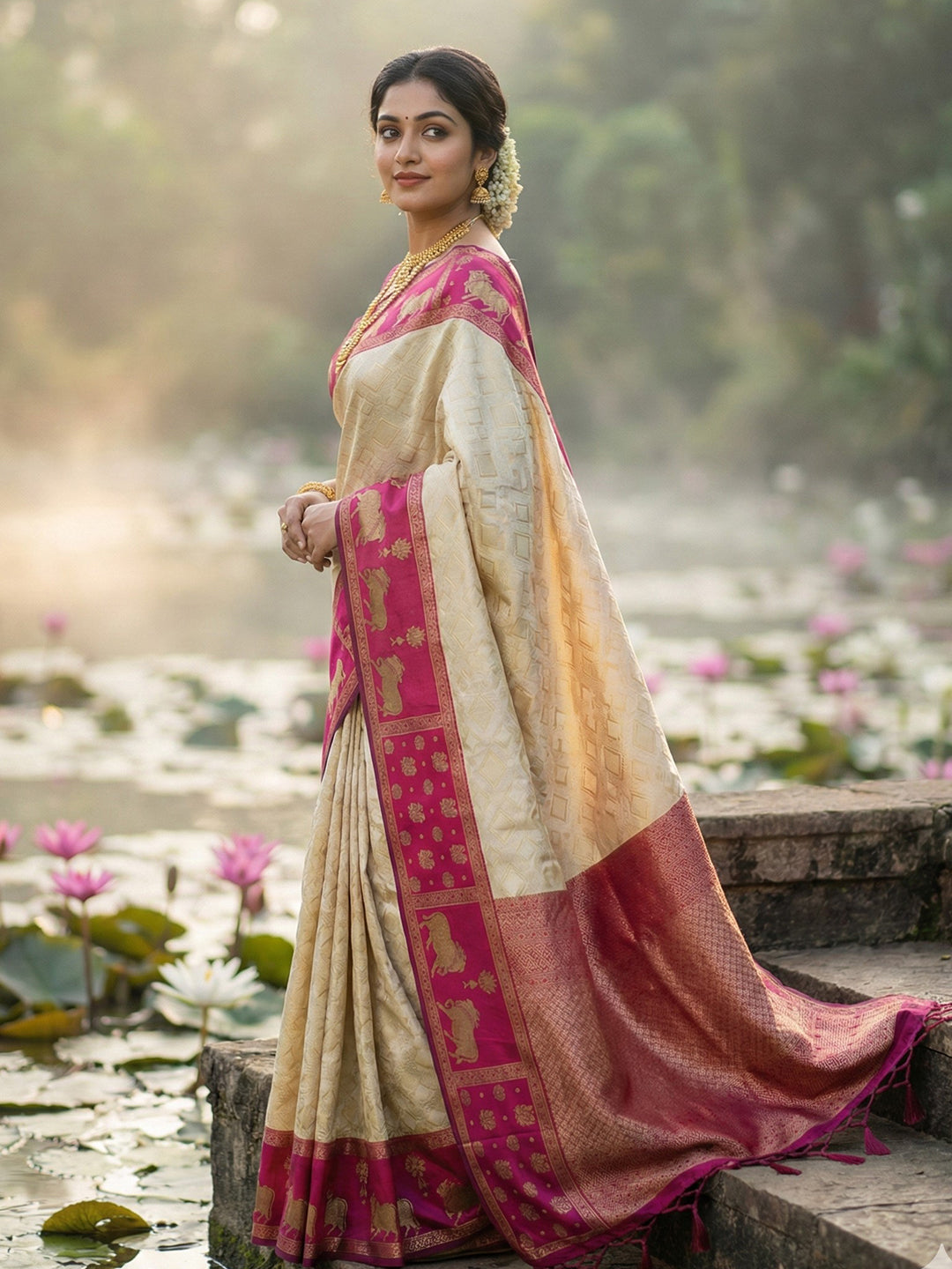 Sutriti Women Cream Soft Silk Saree with Pink Nandi Zari Border