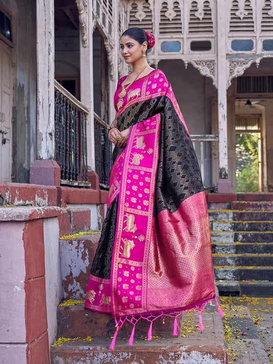 Sutriti Black Soft Silk Saree with Rani Pink Border - Ethnic Festive Wedding Saree for Women
