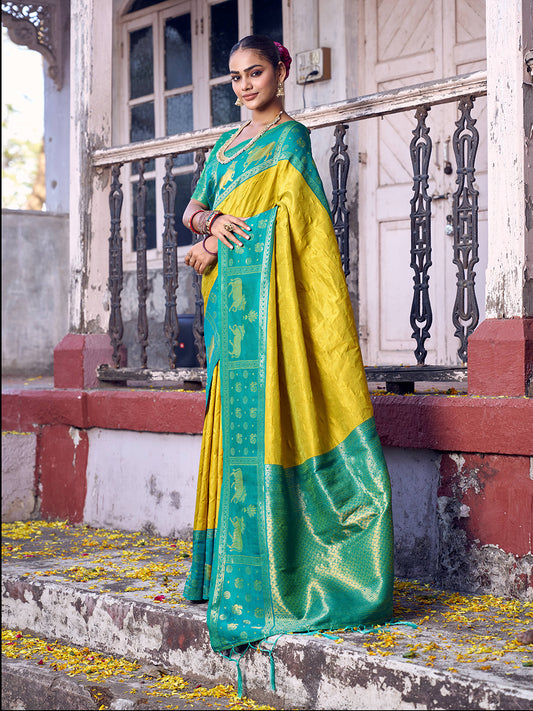 Sutriti Mustard Yellow Soft Silk Saree with Blue Border - Festive Wedding Ethnic Saree for Women