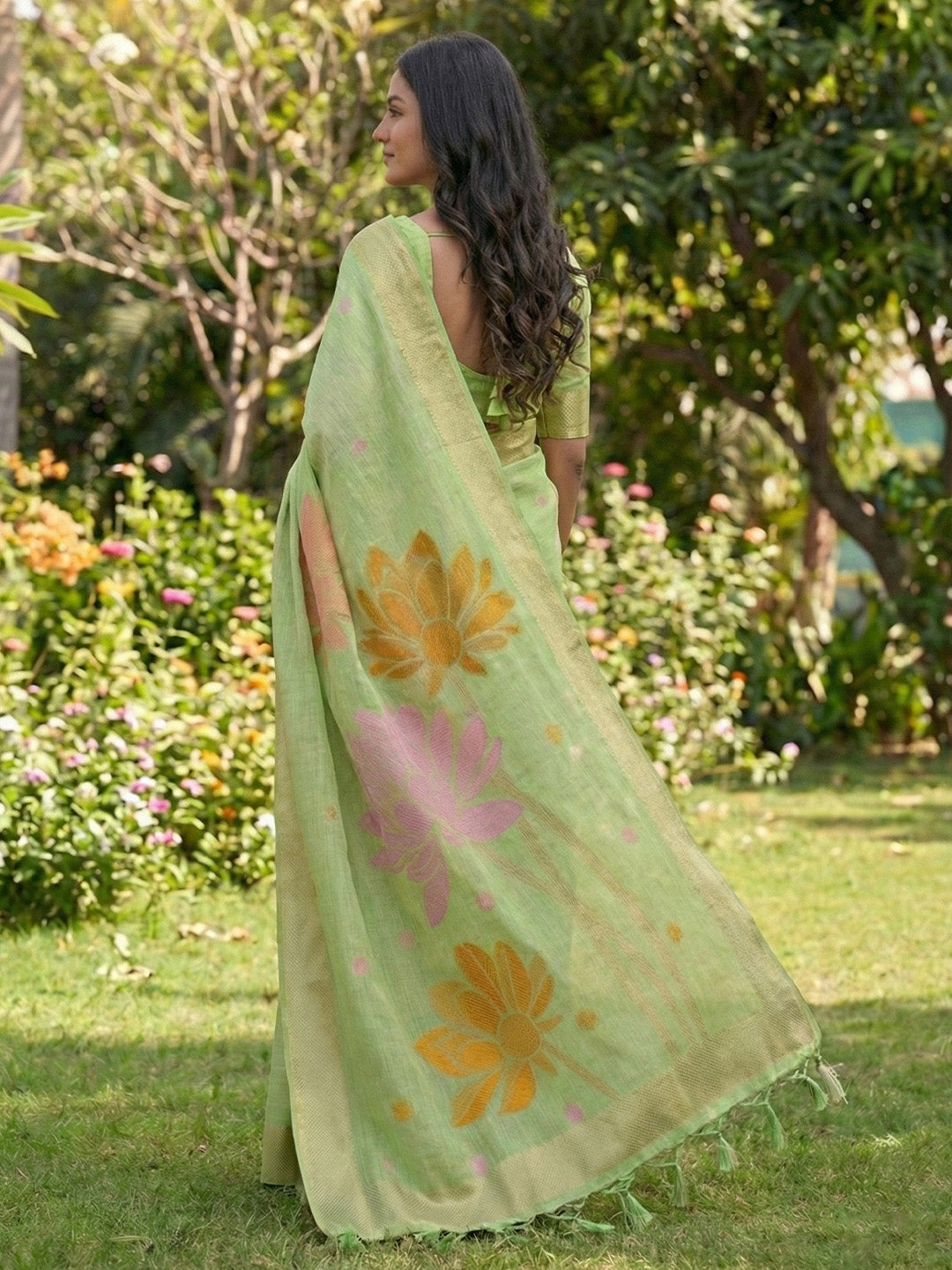 Sutriti Women Pista Green & Gold Floral Printed Linen Silk Blend Saree