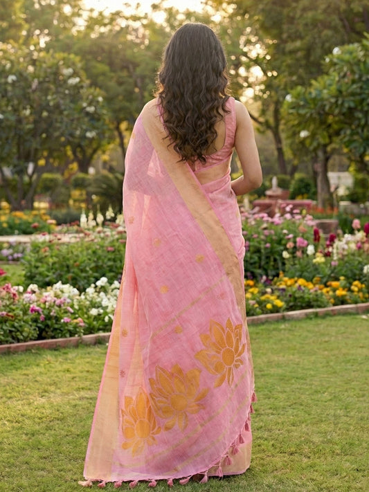 Sutriti Women Baby Pink & Orange Floral Printed Linen Silk Blend Saree