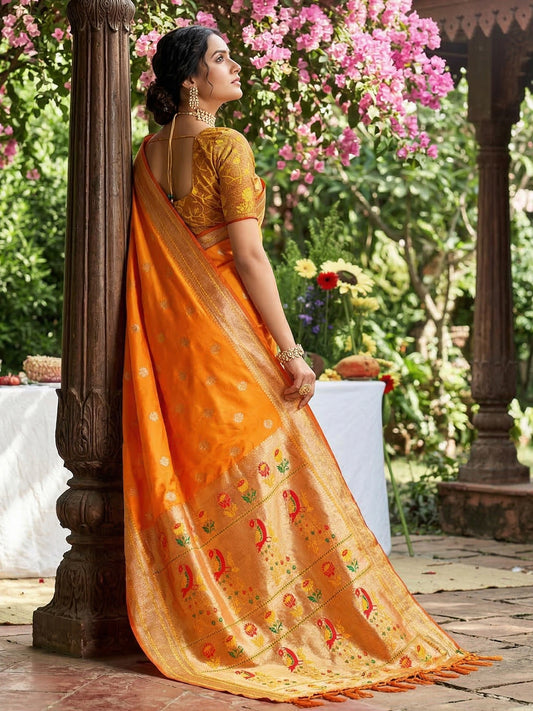 Sutriti Women's Mustard Yellow Paithani Soft Silk Saree for Festive PSofty & Wedding Wear with Blouse