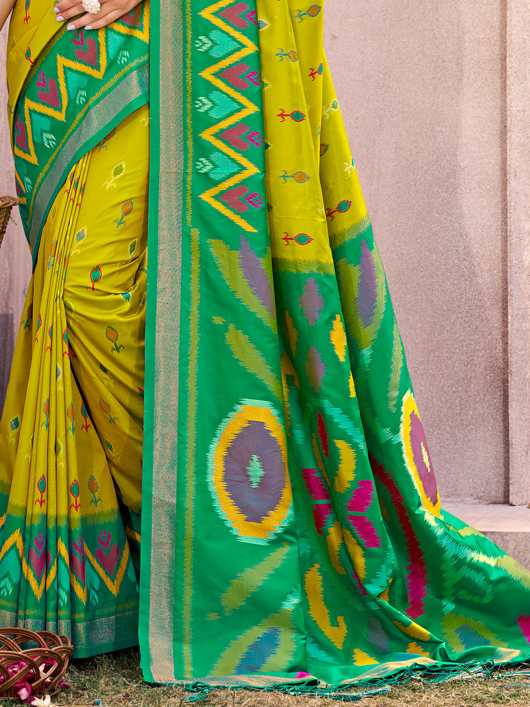 Sutriti Olive Green Pochampalli Silk Saree | Elegant Traditional Wedding & Festive Wear Saree