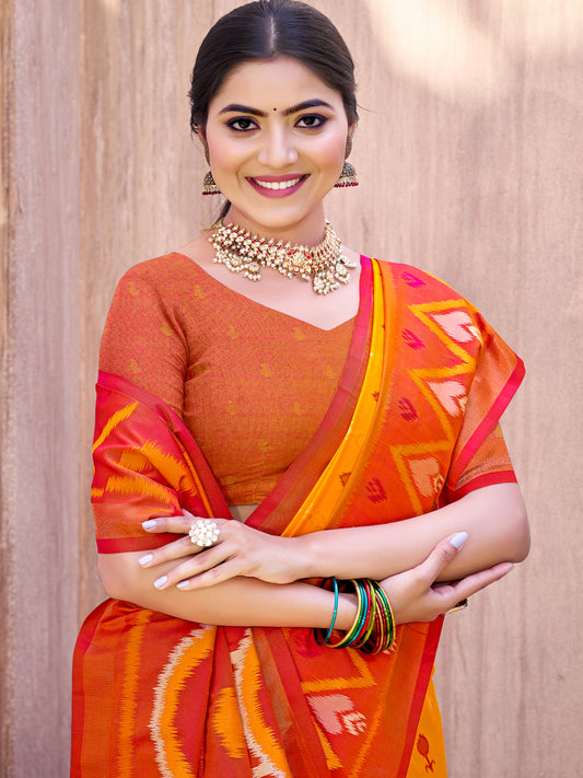 Sutriti Mustard Pochampalli Silk Saree | Elegant Traditional Wedding & Festive Wear Saree