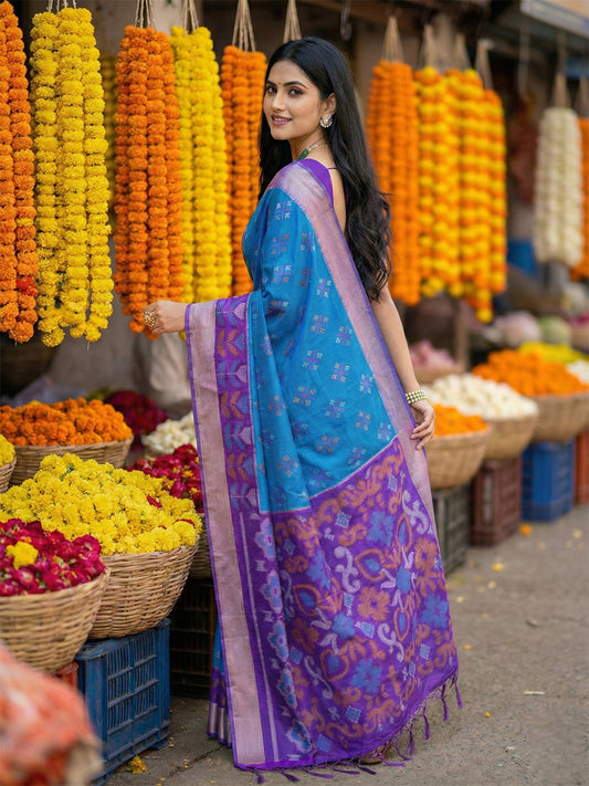Royal blue woven saree with purple contrast border and printed pallu for women