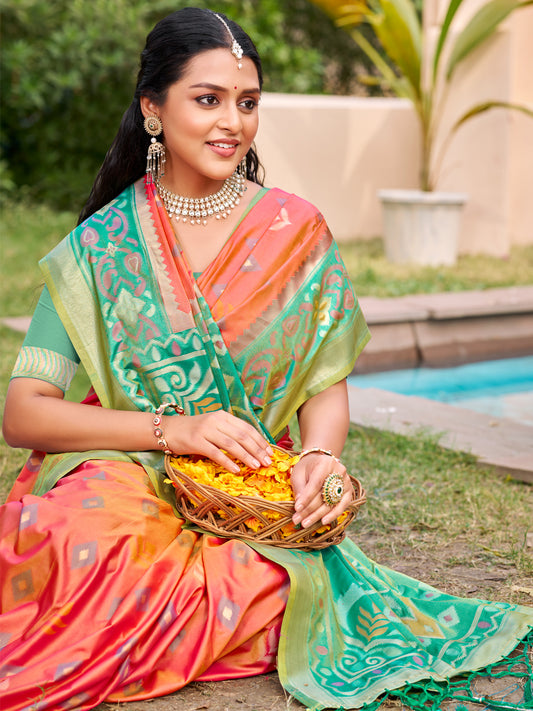 Sutriti Orange Pochampalli Silk Saree | Elegant Traditional Wedding & Festive Wear Saree