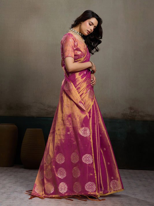Sutriti Women Magenta Blue Woven Tissue Silk Saree with Mandala Motifs