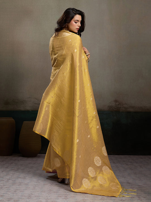 Sutriti Women Golden Beige Woven Tissue Silk Saree with Mandala Motifs