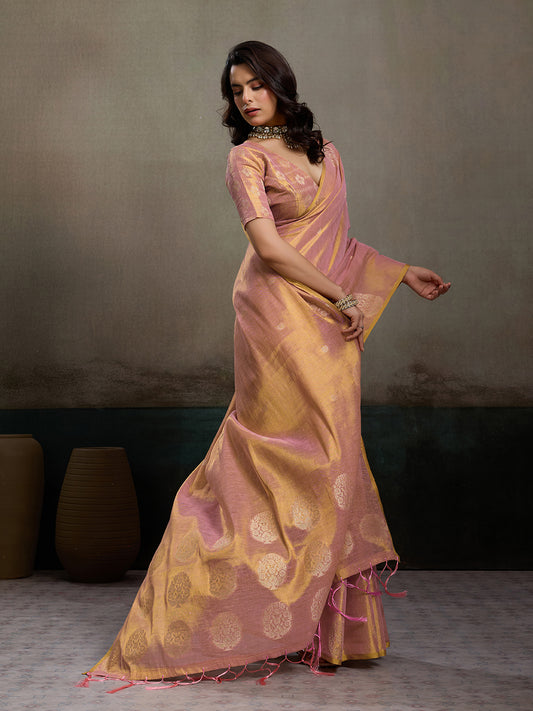 Sutriti Women Peach & Gold Woven Tissue Silk Saree with Mandala Motifs