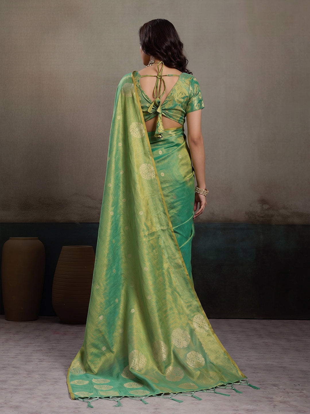 Sutriti Women Sea Green Woven Tissue Silk Saree with Mandala Motifs