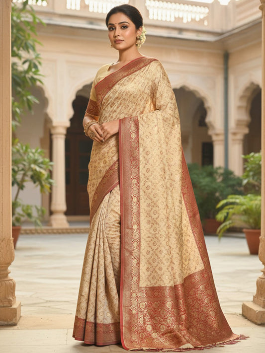 Sutriti Ivory and Maroon Banarasi Silk Saree with Golden Zari – Regal Elegance for Timeless Celebrations