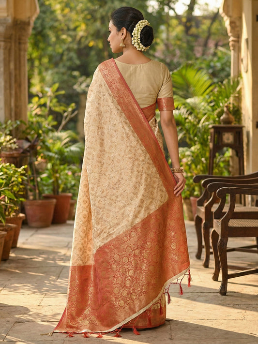 Sutriti Ivory and Red Banarasi Silk Saree with Golden Zari – Regal Elegance for Timeless Celebrations