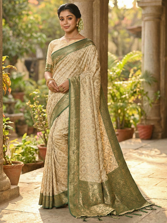 Sutriti Ivory and Green Banarasi Silk Saree with Golden Zari – Regal Elegance for Timeless Celebrations