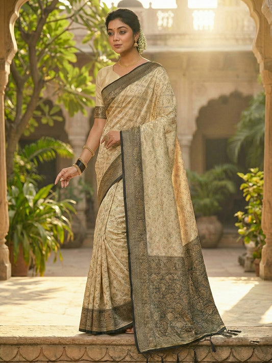 Sutriti Ivory and Black Banarasi Silk Saree with Golden Zari – Regal Elegance for Timeless Celebrations