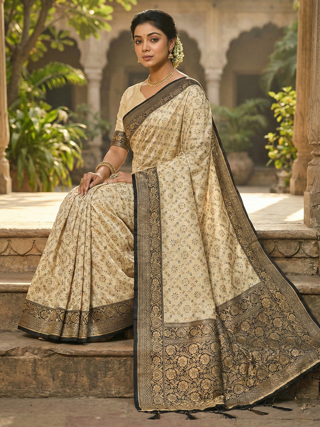 Sutriti Ivory and Black Banarasi Silk Saree with Golden Zari – Regal Elegance for Timeless Celebrations