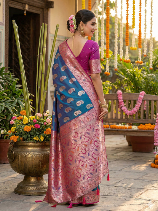 Sutriti blue & pink tissue silk butta woven zari border wedding saree butta border collection