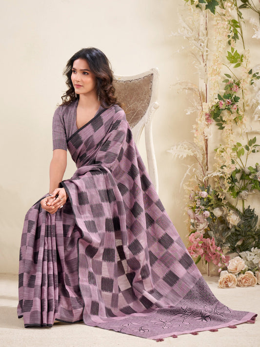 Sutriti Women Mauve Blue Checked Linen Saree with Floral Pallu