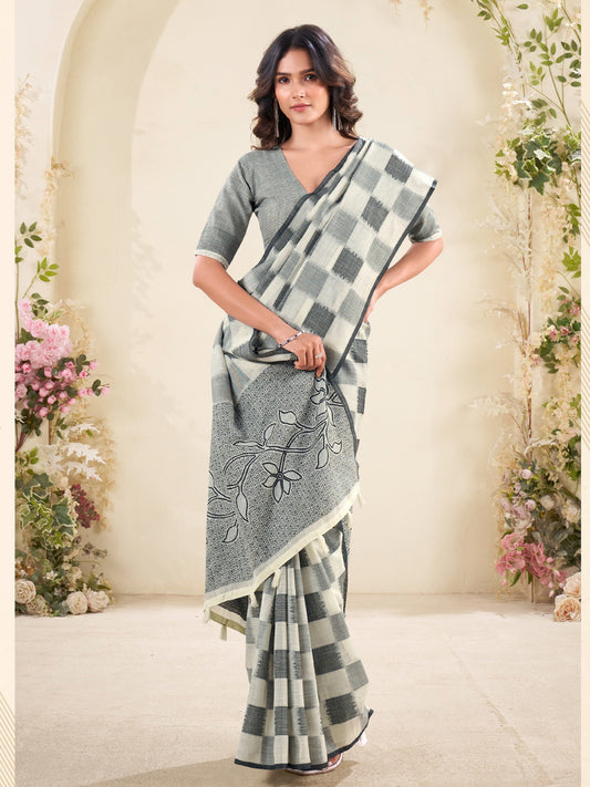 Sutriti Women Sage Green & Grey Checked Linen Saree with Floral Pallu