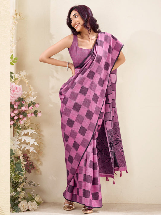 Sutriti Women Pink & Blue Checked Linen Saree with Floral Pallu