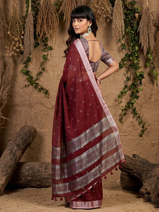 Sutriti Women Maroon Woven Design Linen Saree with Silver Zari