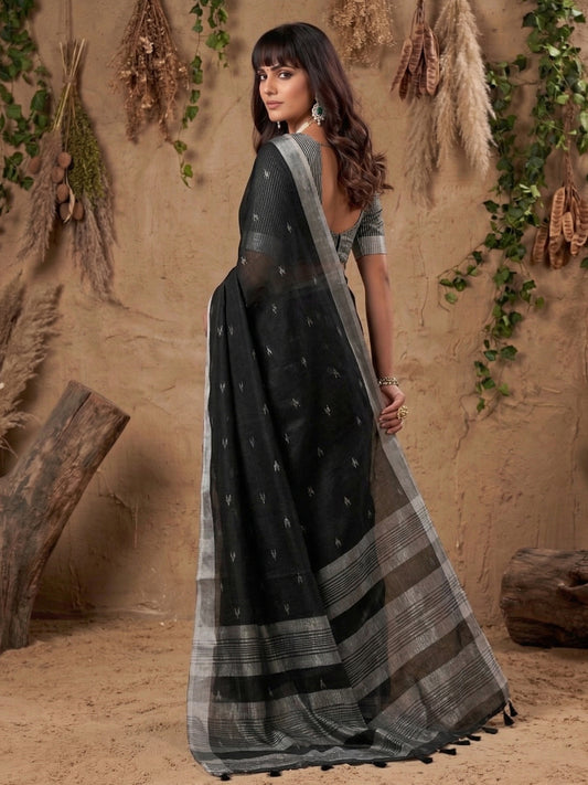 Sutriti Women Black Woven Design Linen Saree with Silver Zari