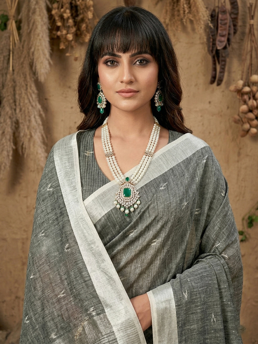 Sutriti Women Grey Woven Design Linen Saree with Silver Zari
