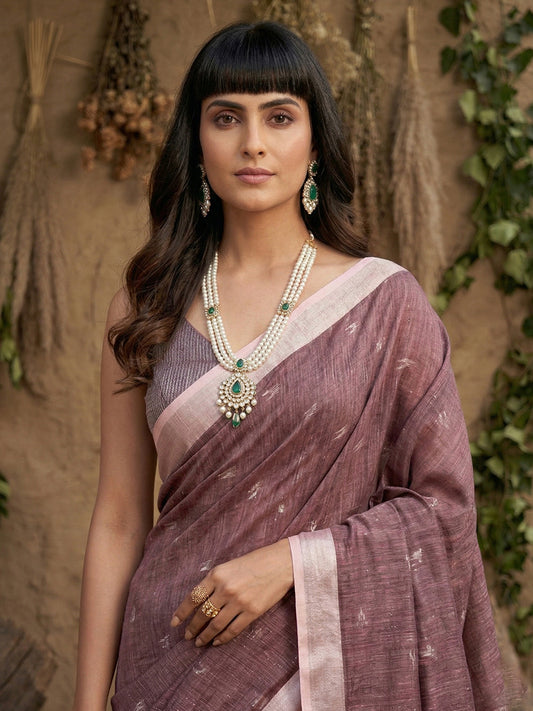 Sutriti Women Mauve Blue Woven Design Linen Saree with Silver Zari
