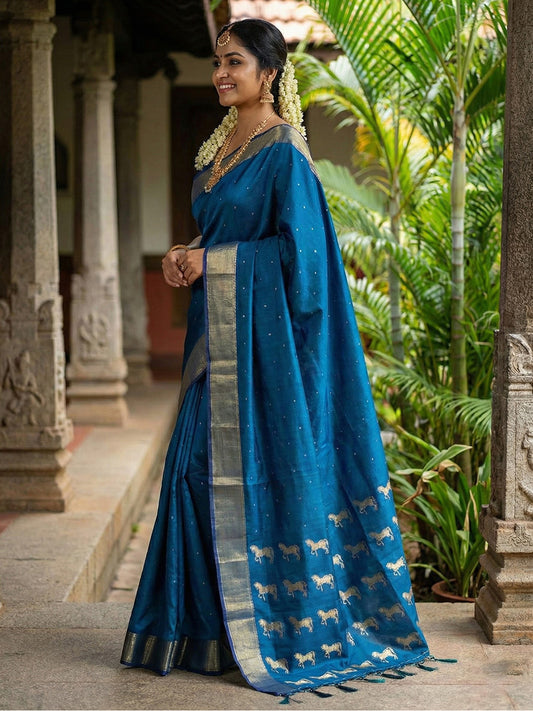 Teal Blue Silk Saree with Gold Zari Border & Horse Motif | Traditional Festive Saree