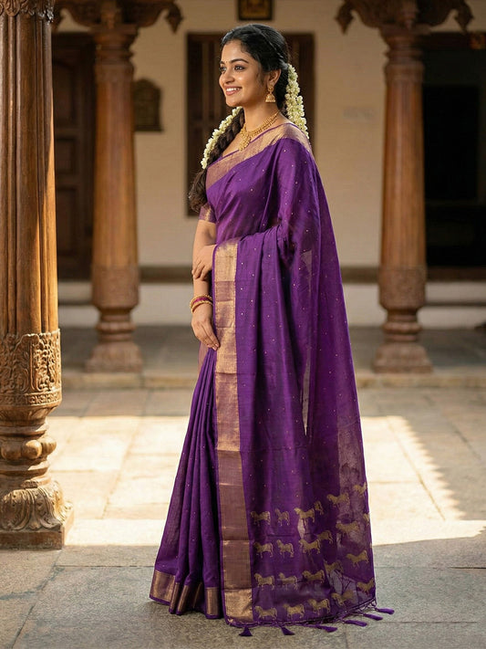 Purple silk saree with gold zari border and traditional woven horse motifs