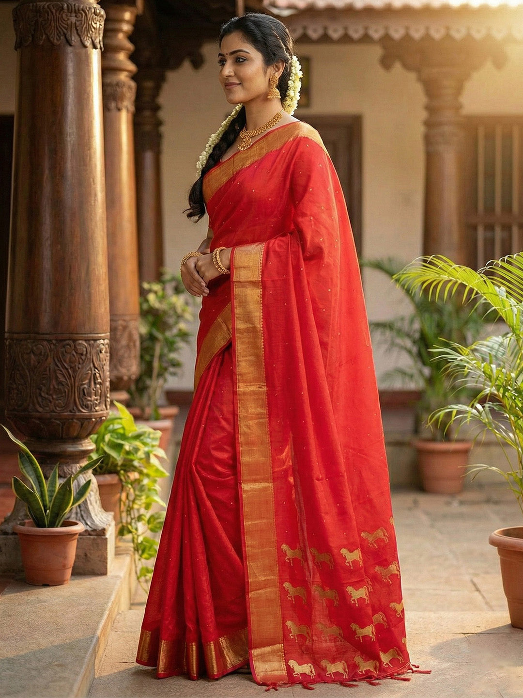 Red silk saree with wide gold zari border and heritage horse pallu design