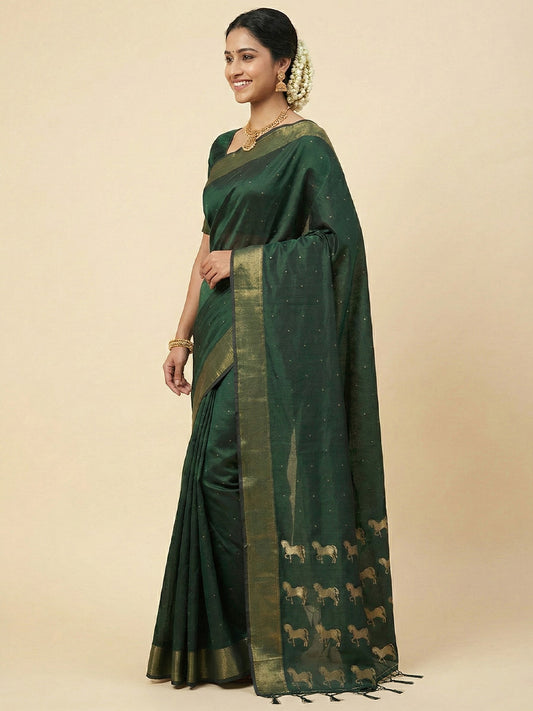 Sutriti Dark Bottle Green Soft Silk Saree | Traditional Temple Border & Horse Motif