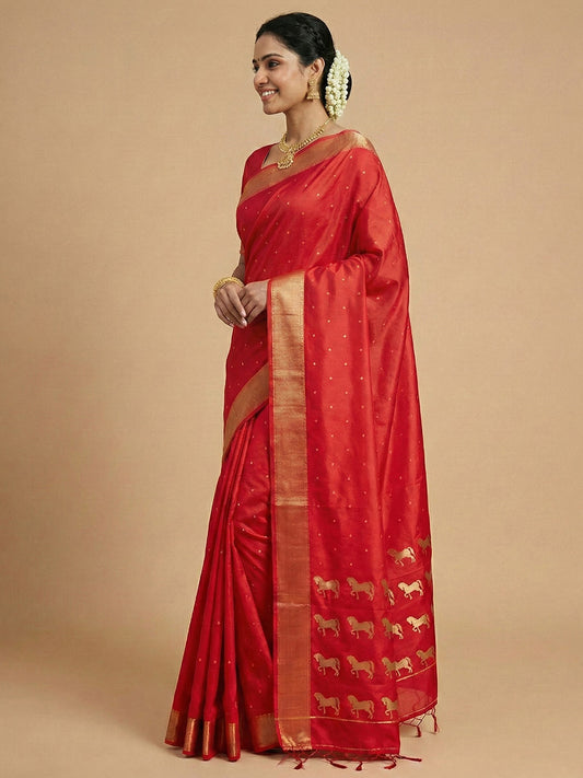 Sutriti Auspicious Red Soft Silk Saree | Bridal & Puja Wear with Gold Zari