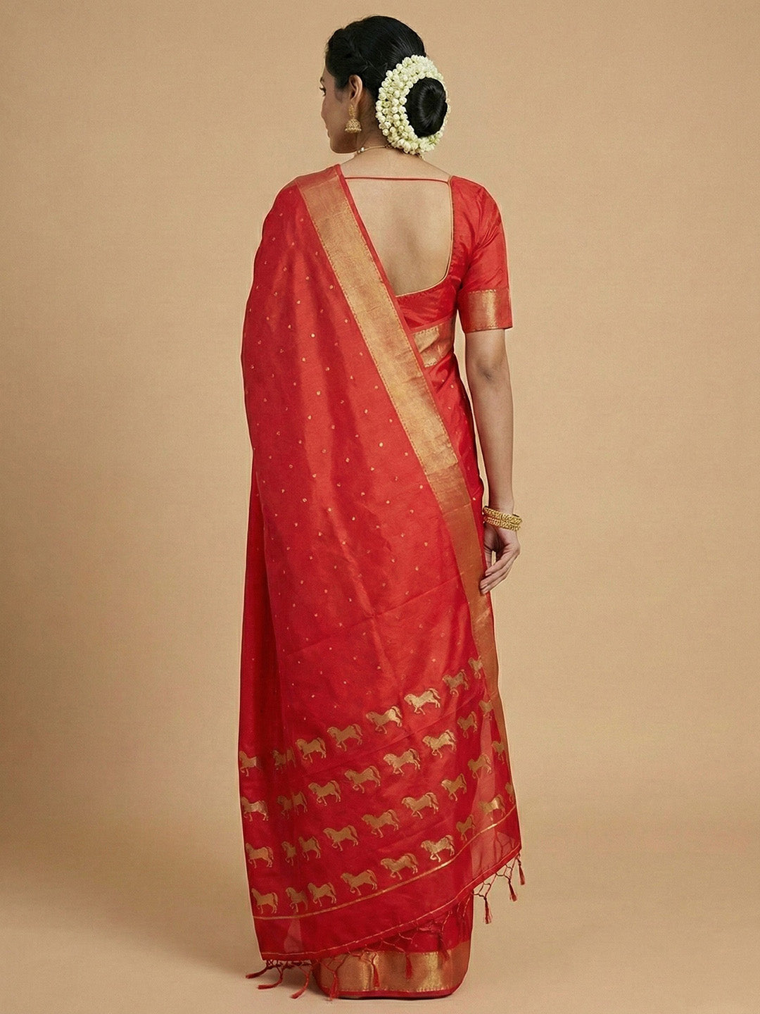 Sutriti Auspicious Red Soft Silk Saree | Bridal & Puja Wear with Gold Zari