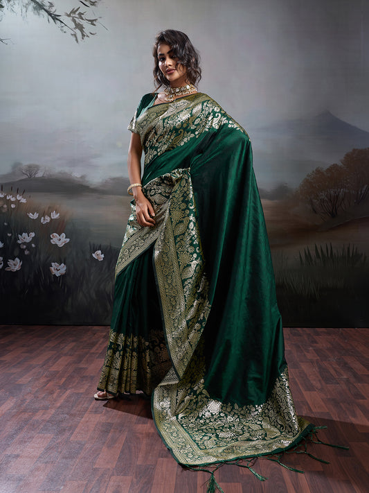 Sutriti Women's Dark Green Banarasi Silk Saree for Festive & Wedding Wear