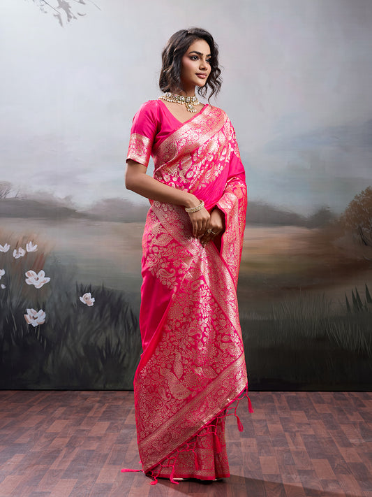 Sutriti Women's Rani Pink Banarasi Silk Saree for Festive PSofty & Wedding Ethnic Wear