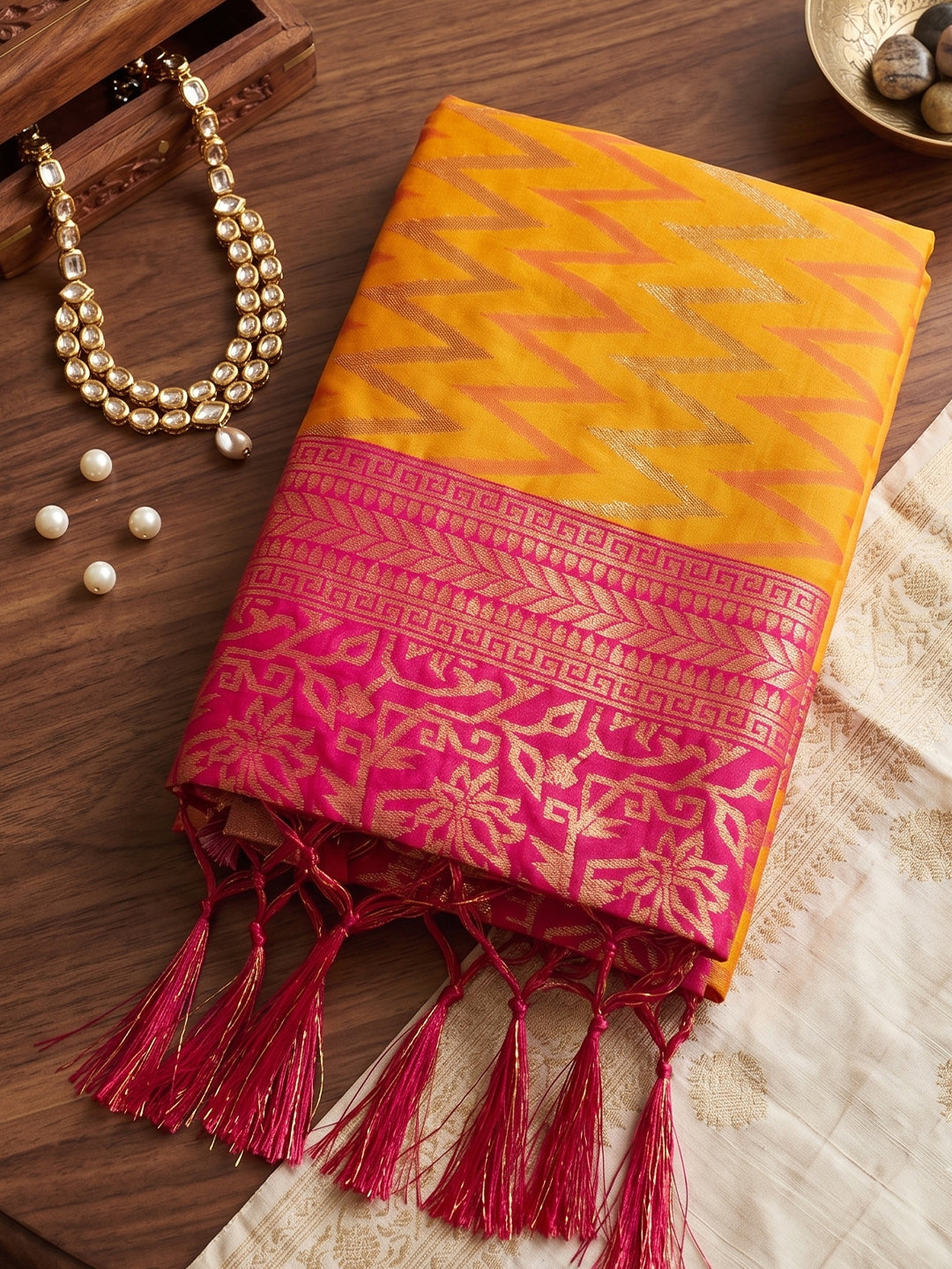 Sutriti Mustard & Red Banarasi Silk Saree | Classic Bridal & Wedding Ethnic Wear
