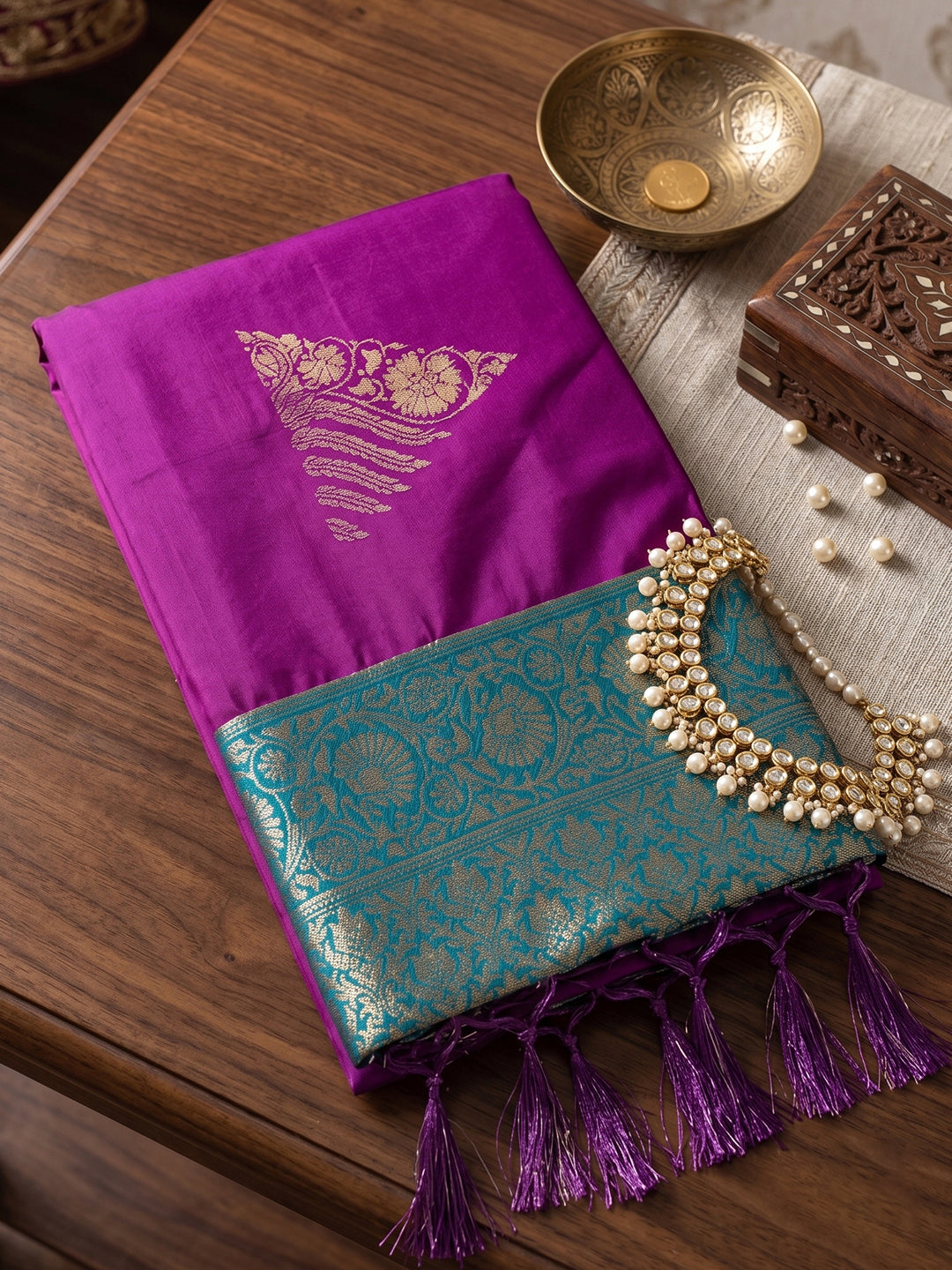 Sutriti Purple Soft Silk Saree With Teal Border | Festive & Wedding Wear For Women