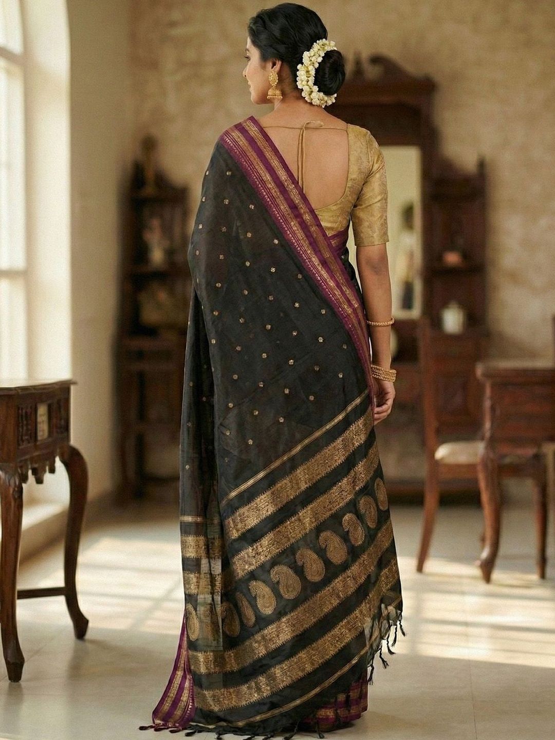 Sutriti The Midnight Luxurious Black Soft Silk Saree with Magenta & Gold Zari Border