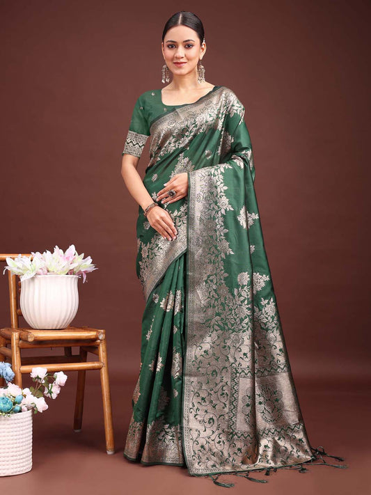 Sutriti Emerald Green Soft Silk Saree with Heavy Silver Zari Weaving