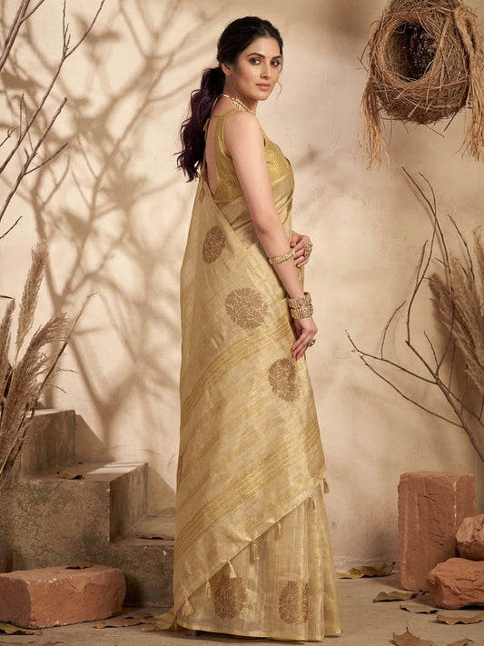 Sutriti Cream Tissue Silk Saree for Women Wedding Festive PSofty Ethnic Wear