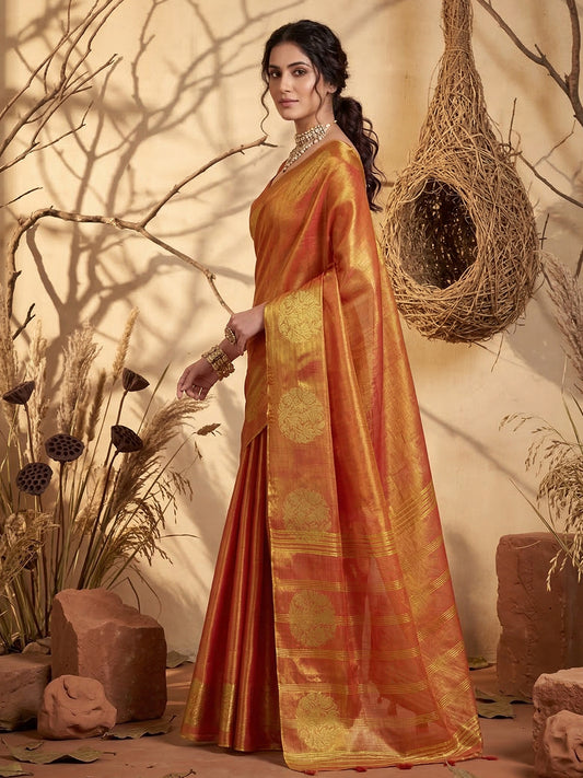 Sutriti Orange Tissue Silk Saree for Women Wedding Festive PSofty Ethnic Wear