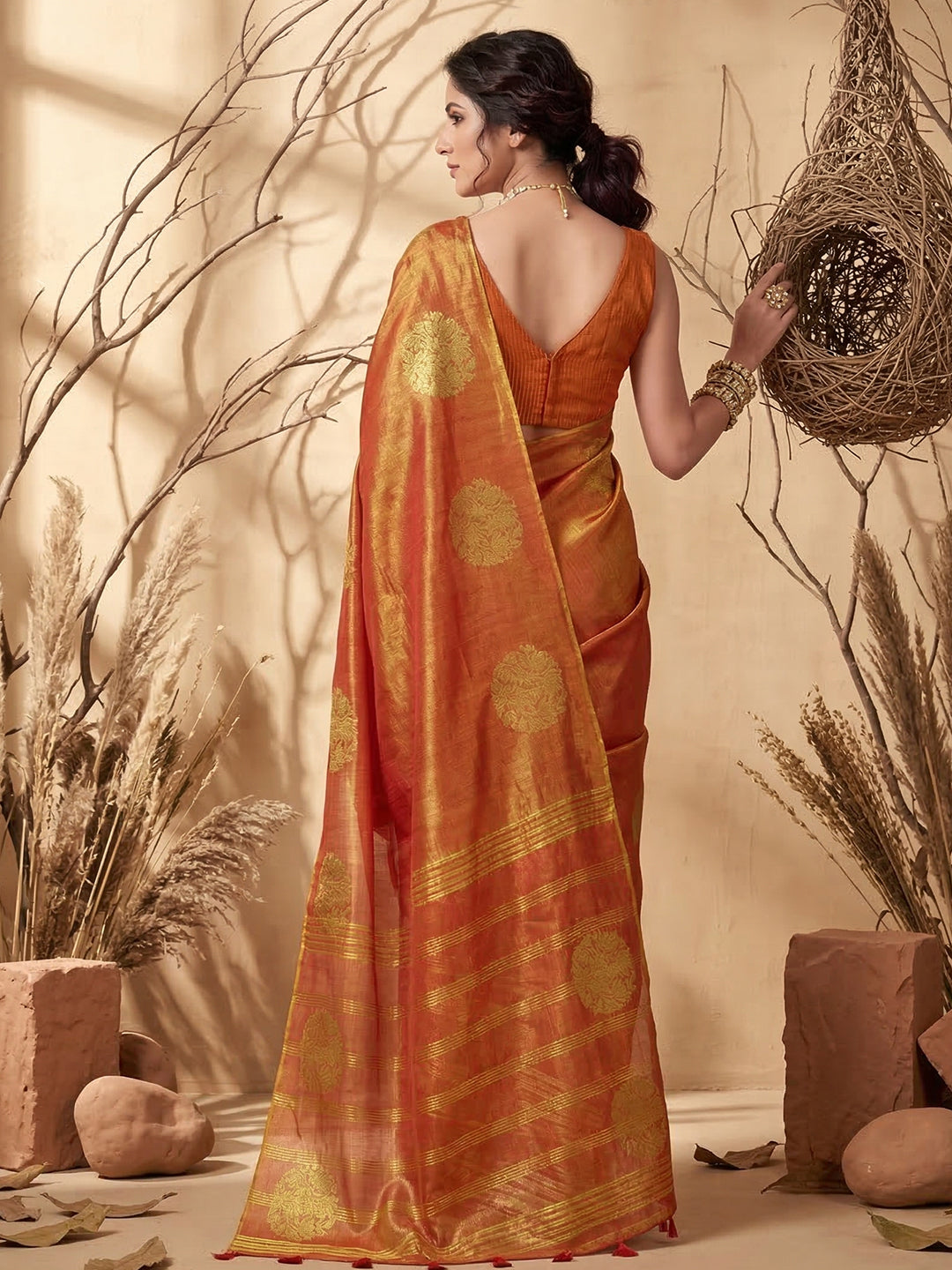 Sutriti Orange Tissue Silk Saree for Women Wedding Festive PSofty Ethnic Wear
