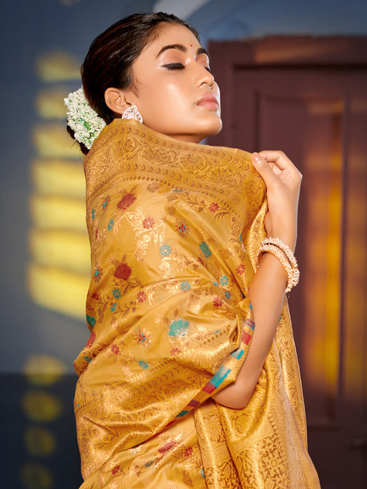 Mustard gold woven floral zari silk blend saree for women with rich zari border and blouse piece